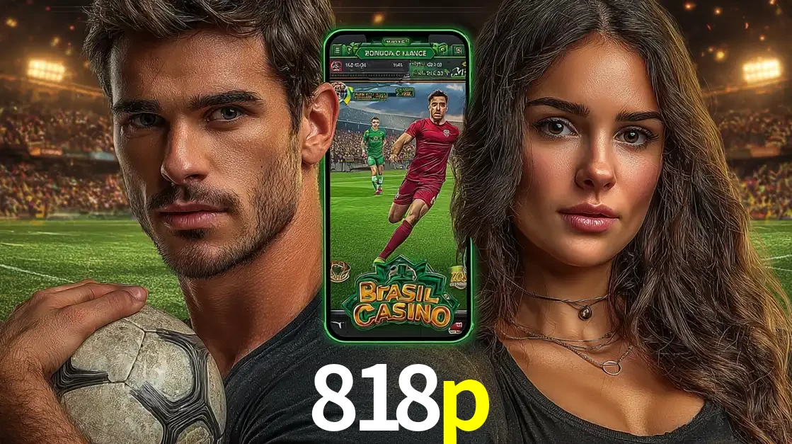 Homem segurando uma bola de futebol e uma mulher ao lado de um smartphone exibindo o jogo de apostas esportivas da 818p. Faça seu palpite no cassino online.